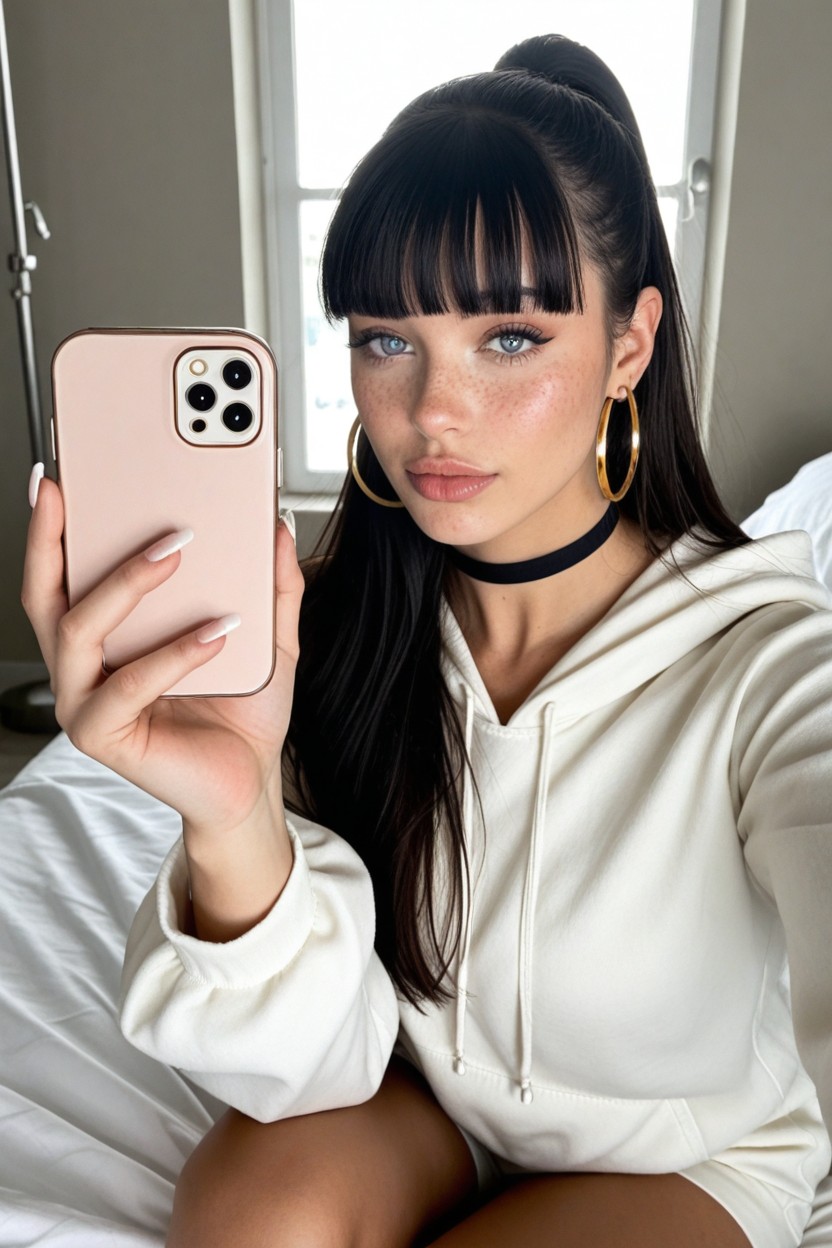 Gold Hoop Earrings And A White Lace Choker, Sharp Winged Eyeliner, Soft Confident Expression AI Porn
