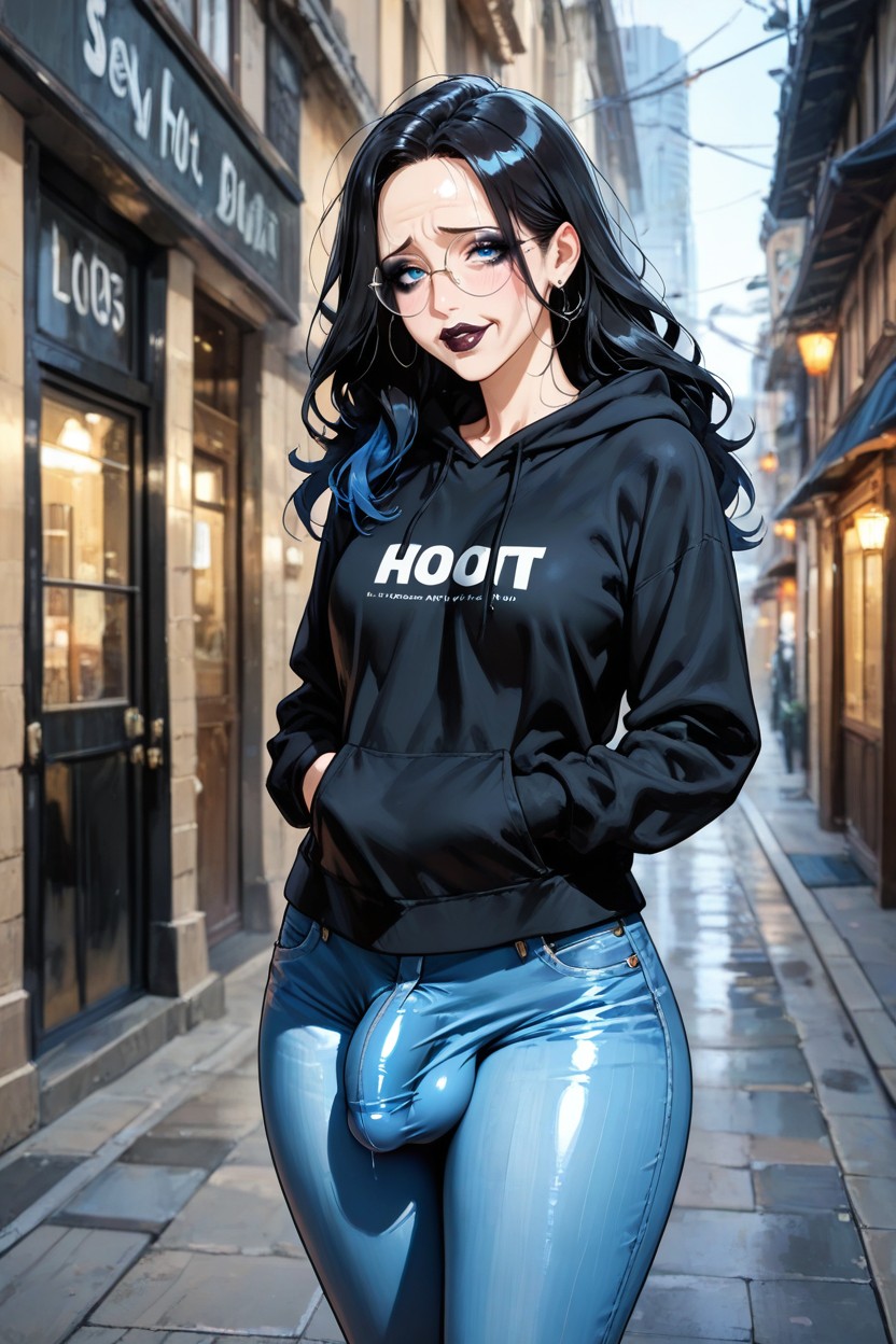 Dark Makeup, Jeans, Round Glasses Glasses AI Porn