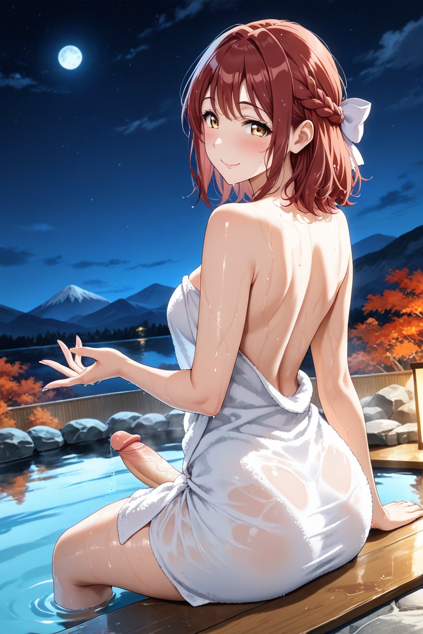 Lake And Mountain On Background, Light Gold Moist Eyes, Sitting Hentai AI Porn