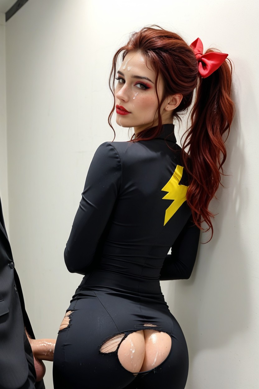 Winged Eye Makeup, Red Bow Woman Fucks A Man In A Black Suit Tied To The Wall Standing Up The Woman, Waist Shot AI Porn