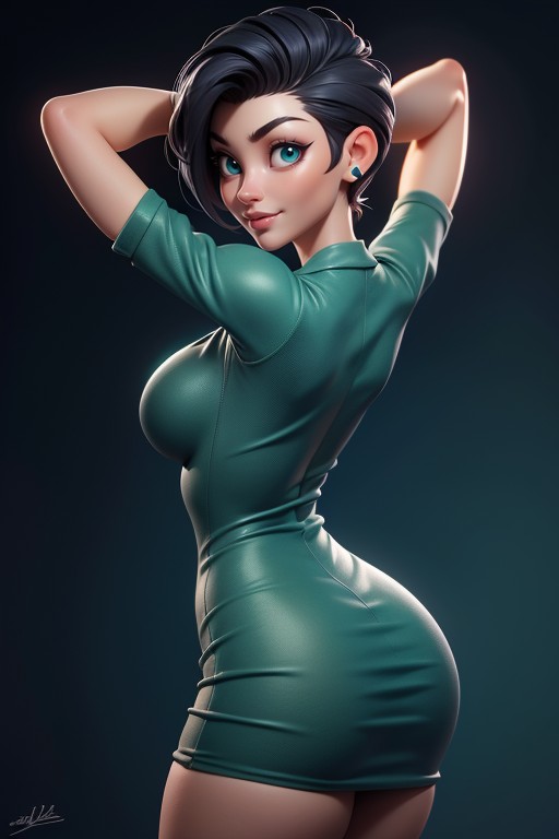 Large Breasts, Dress With Green Military Camouflage Patterns, Bald On The Sides Hentai AI Porn
