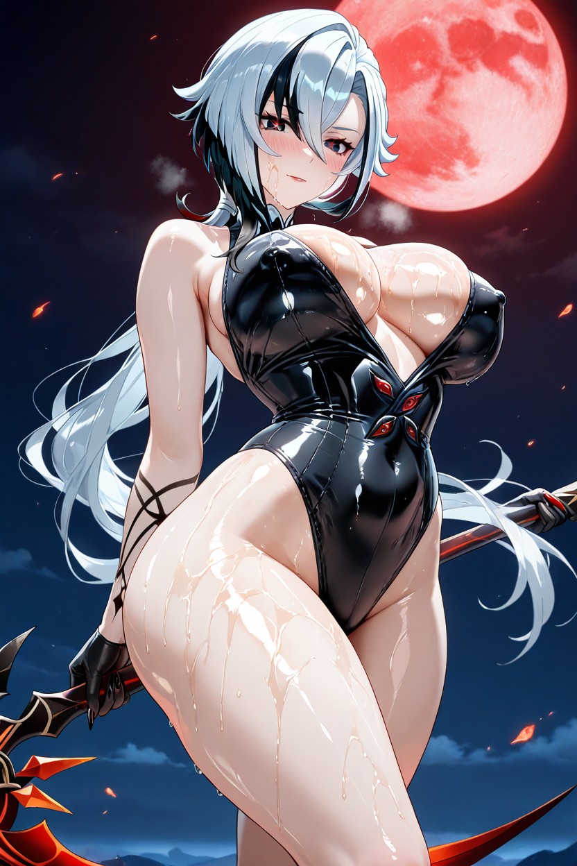 Night, Red Moon View, Blushing Cheeks Hentai AI Porn