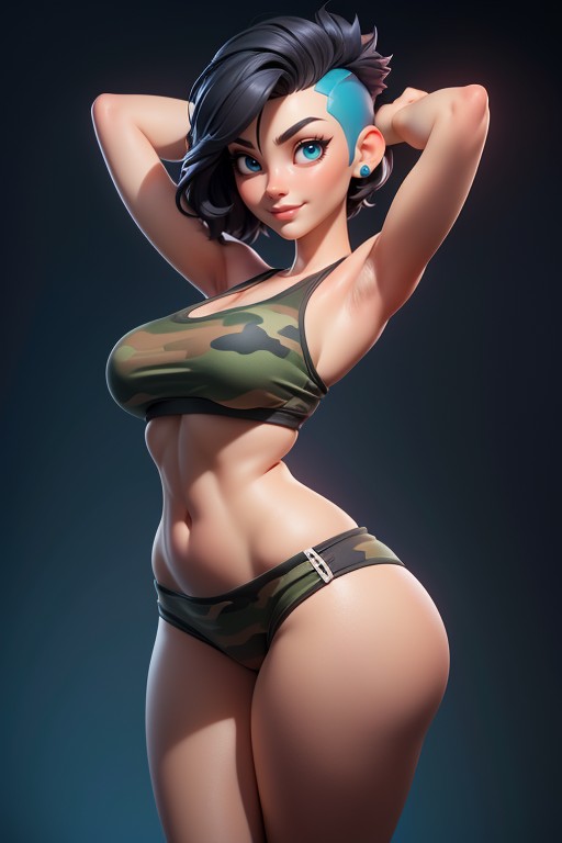 Sexy Woman Soldier Lady Jaye, Sexy Smile Rear View, Green Military Camouflage T-shirt Hentai AI Porn