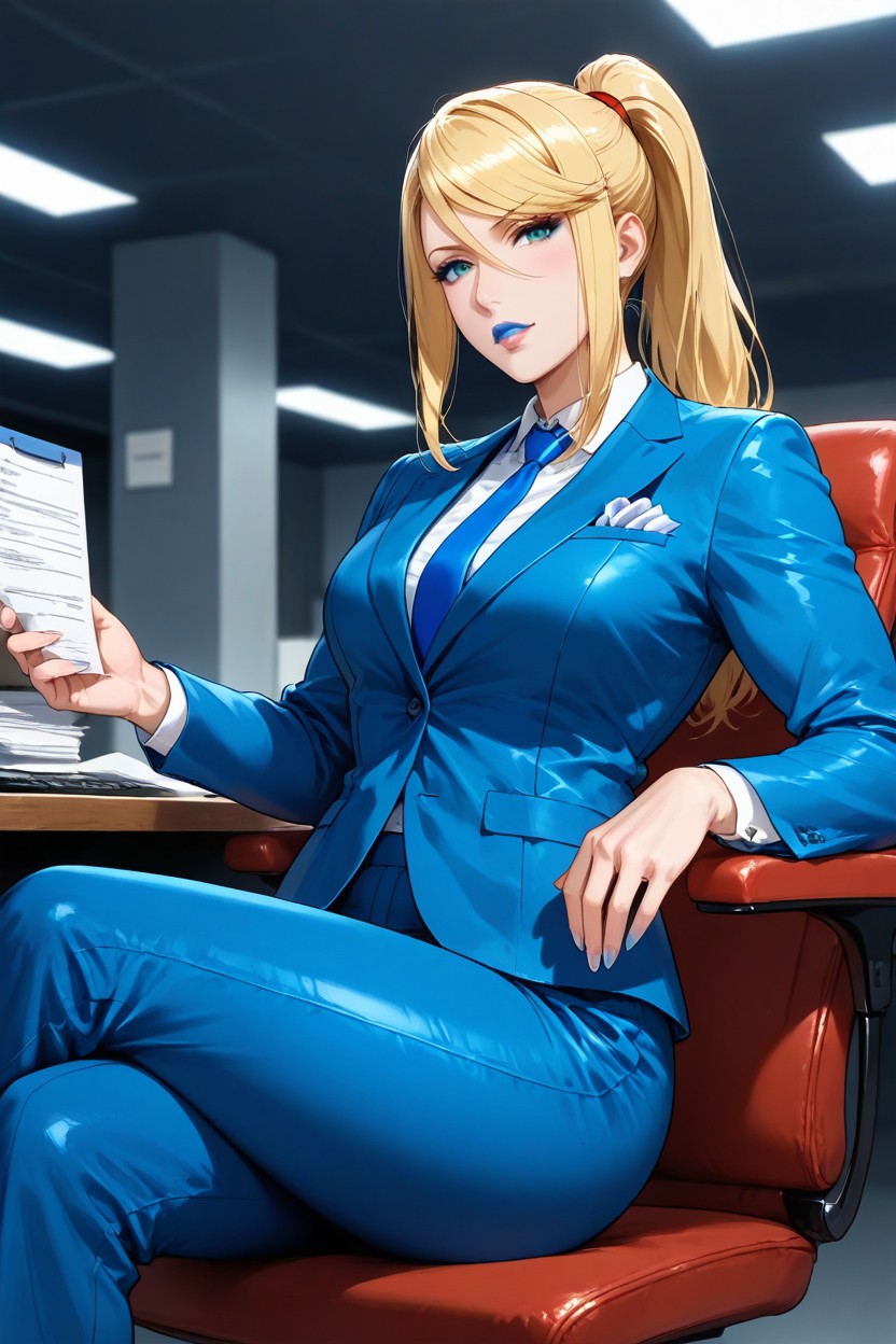 Small Ass, Samus, Bright Blue Office Suit AI Porn