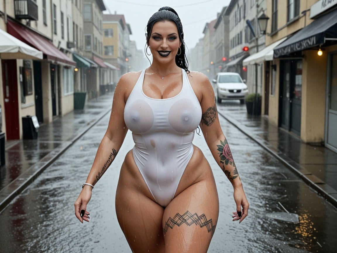 White V-waist One-piece Swimsuit, Massive Ass, Thick Thighs Porno IA