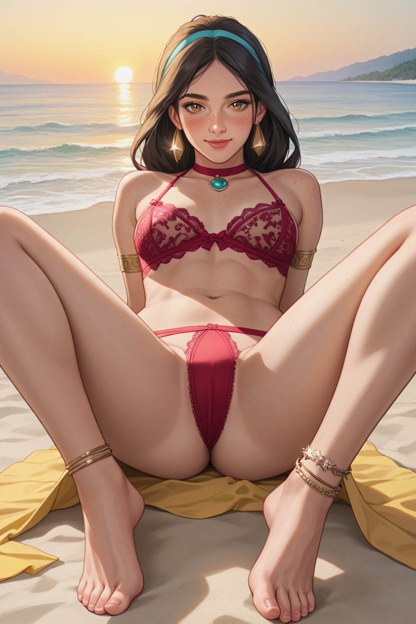 Spreading Legs, Sunset Lights, Arm Bracelets AI Porn