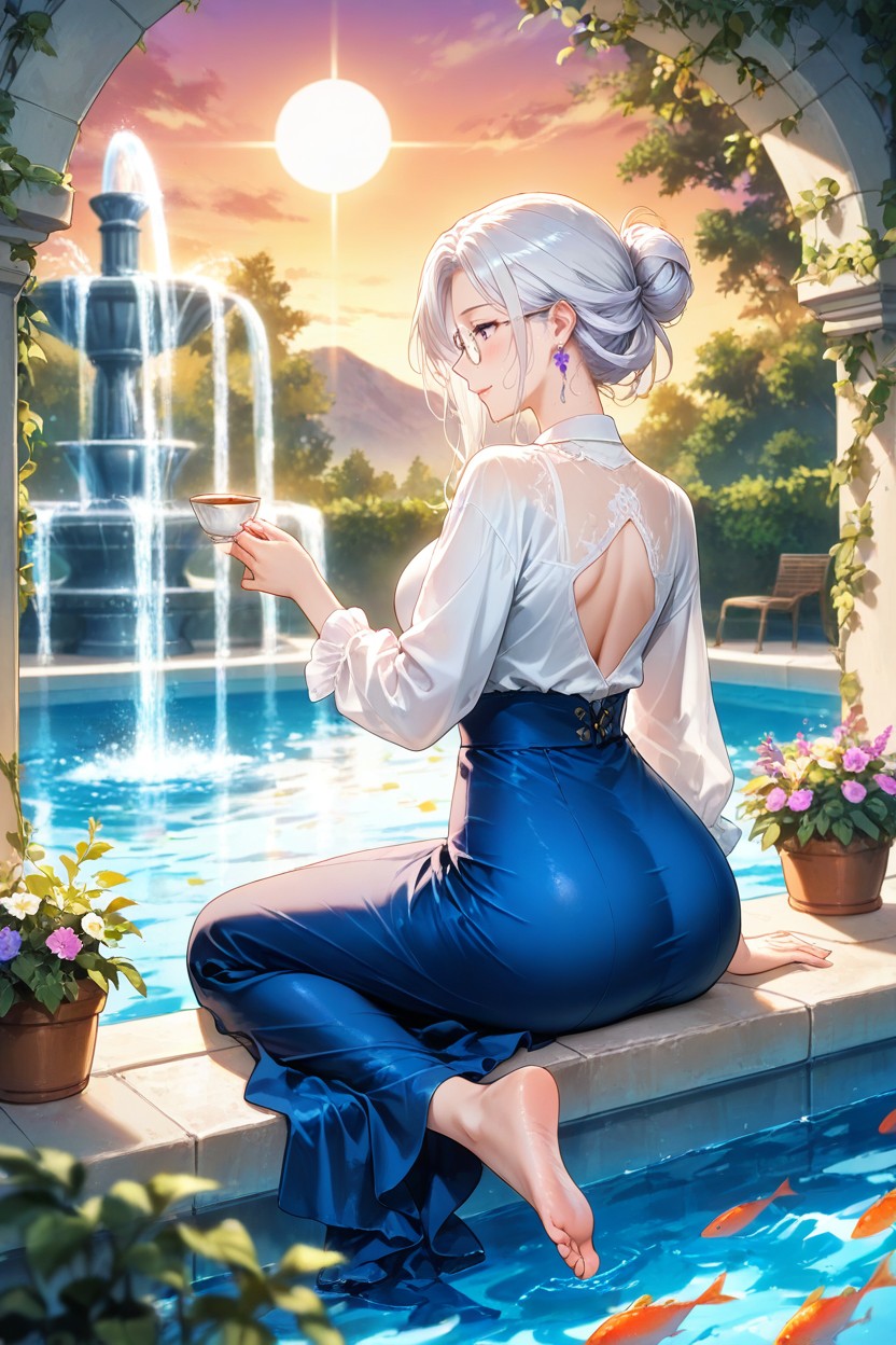Waterfalls And Mountains In The Distance, She Is Looking Down At Fish, Sunny Hentai AI Porn