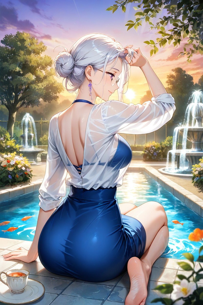 She Is Sitting On Her Butt Her Legs Off To Her Side, 18+, She Is An A Lavish And Ornate Garden With Beautiful Flowers Hentai AI Porn