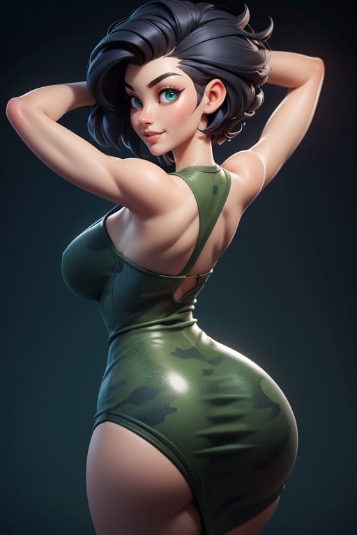 Dress With Green Military Camouflage Patterns, Sexy Smile, No Hair At The Back Of Her Head Hentai AI Porn