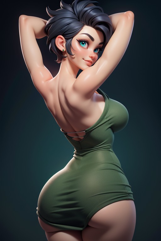 Tall Thick And Curvy Perfect Body, Large Breasts, Black Hair In A Mohawk Hair Style On Bald Head Hentai AI Porn