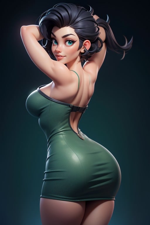 Black Hair In A Mohawk Hair Style On Bald Head, Rear View, Dress With Green Military Camouflage Patterns Hentai AI Porn