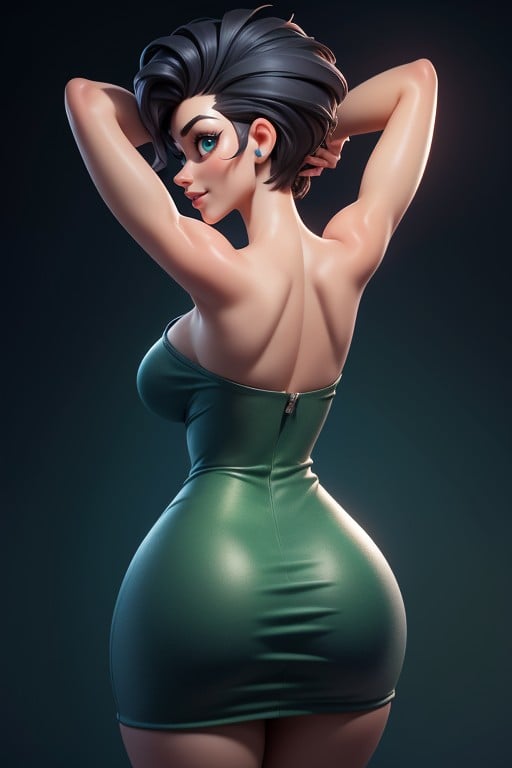 Dress With Green Military Camouflage Patterns, Green Military Camouflage Dress, No Hair At The Back Of Her Head Hentai IA