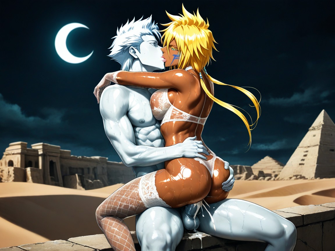 High Resolution, Medium Spiked White Hair And Turquoise Eyes, Pink Glossy Bimbo Lips Hentai AI Porn