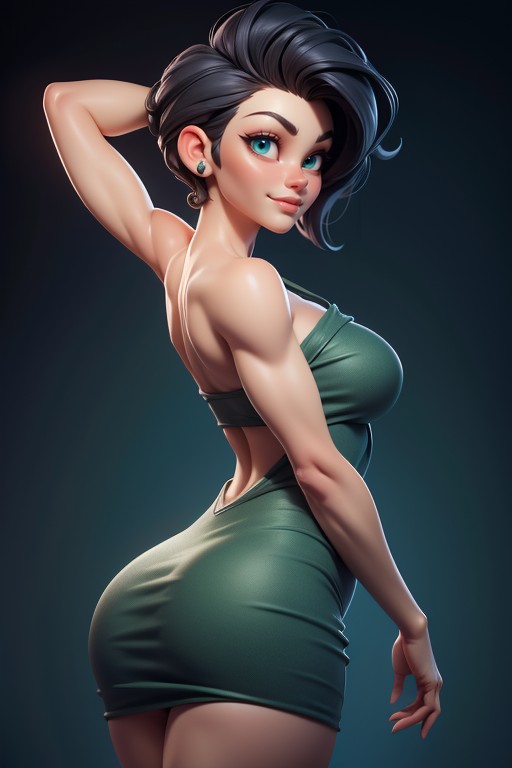 Strapless Top, Green Military Camouflage Dress, Green Military Camouflage Dress Hentai AI Porn