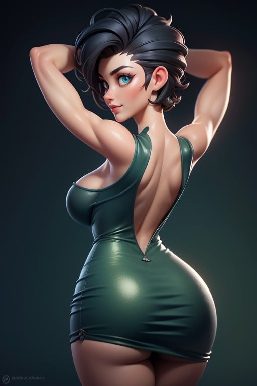 Very Short Hair, Skirt Lifted Slightly Showing Ass Cheeks, Black Hair In A Mohawk Hair Style On Bald Head Hentai AI Porn