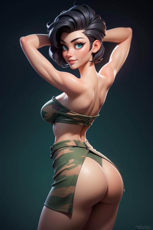 Green Military Camouflage Dress, Dress With Green Military Camouflage Patterns, Rear View Hentai AI Porn