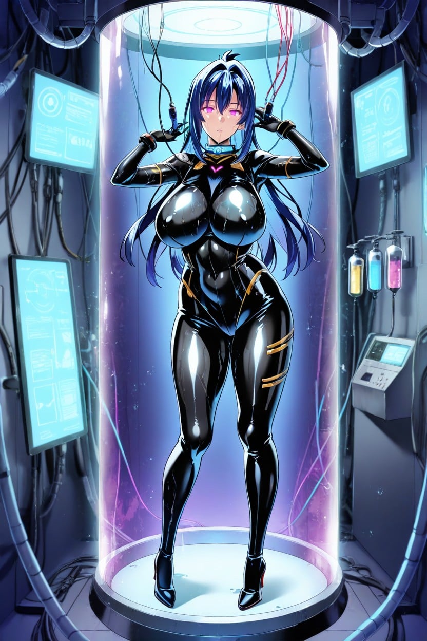 Cyber Enhancements, Mind Control Device, Beautiful Blue Hair With Wet Texture Hentai AI Porn