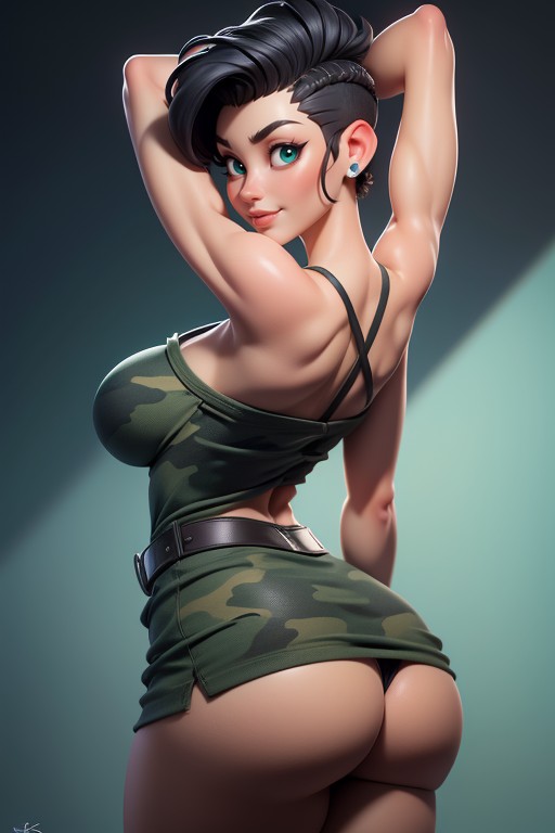 Black Hair In A Mohawk Hair Style On Bald Head, Sexy Woman, Dress With Green Military Camouflage Patterns Hentai AI Porn