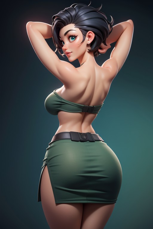 Rear View Looking Back At Viewer With Arms Up In Front Of Face, Bald On The Sides, Tall Thick And Curvy Perfect Body Hentai AI Porn