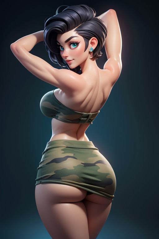 Blue Eyes, Rear View Looking Back At Viewer With Arms Up In Front Of Face, Skirt Lifted Slightly Showing Ass Cheeks Hentai AI Porn