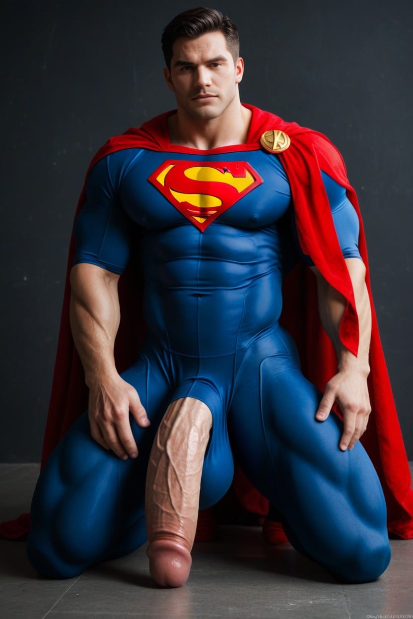Red Cape, Fully Clothed Superman With Giant Bulge Outline Under Clothes, Vista Frontal Porno gay IA