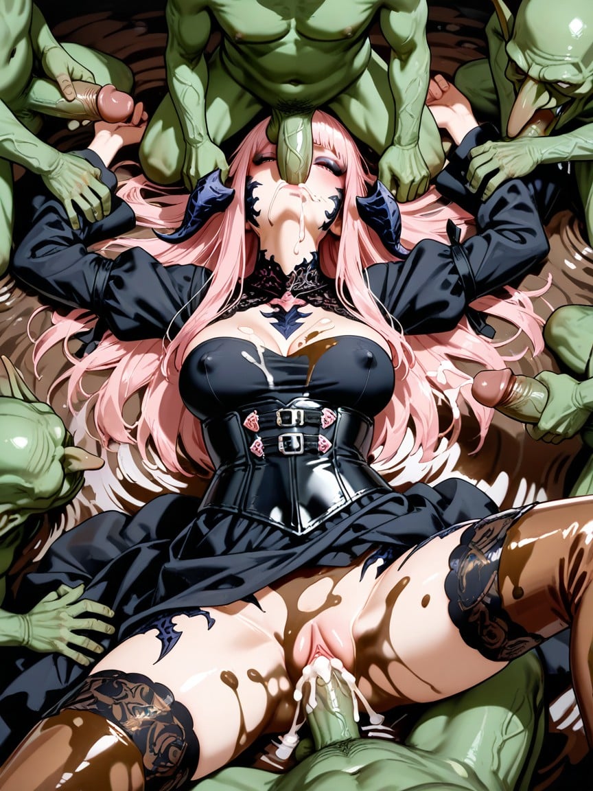 25+, Flowing Bell Sleeves Made Of Lightweight Dark Material The Skirt Is In The Front With Layered Ruffles, Laying Hentai AI Porn