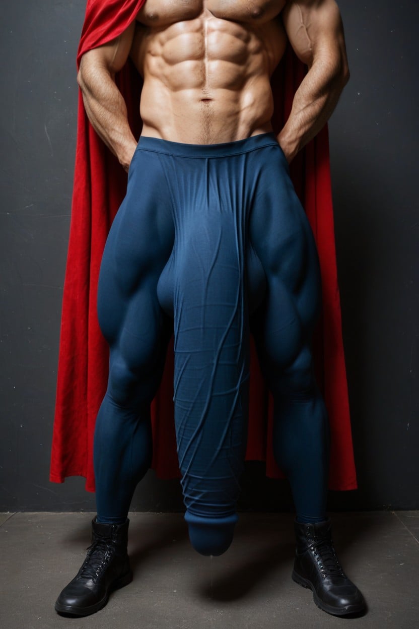 Shiny Spandex Leggings Covering His Massive Giant Bulge Outline In Superman Costume, Skinny, Ultrarealistic Hyper Bulge AI Gay Porn