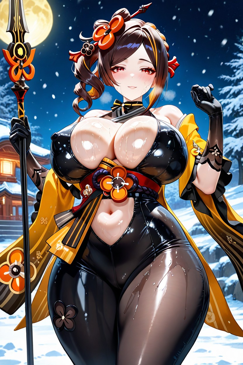 Stunning Woman, Snowing, Toned Stomach Hentai AI Porn
