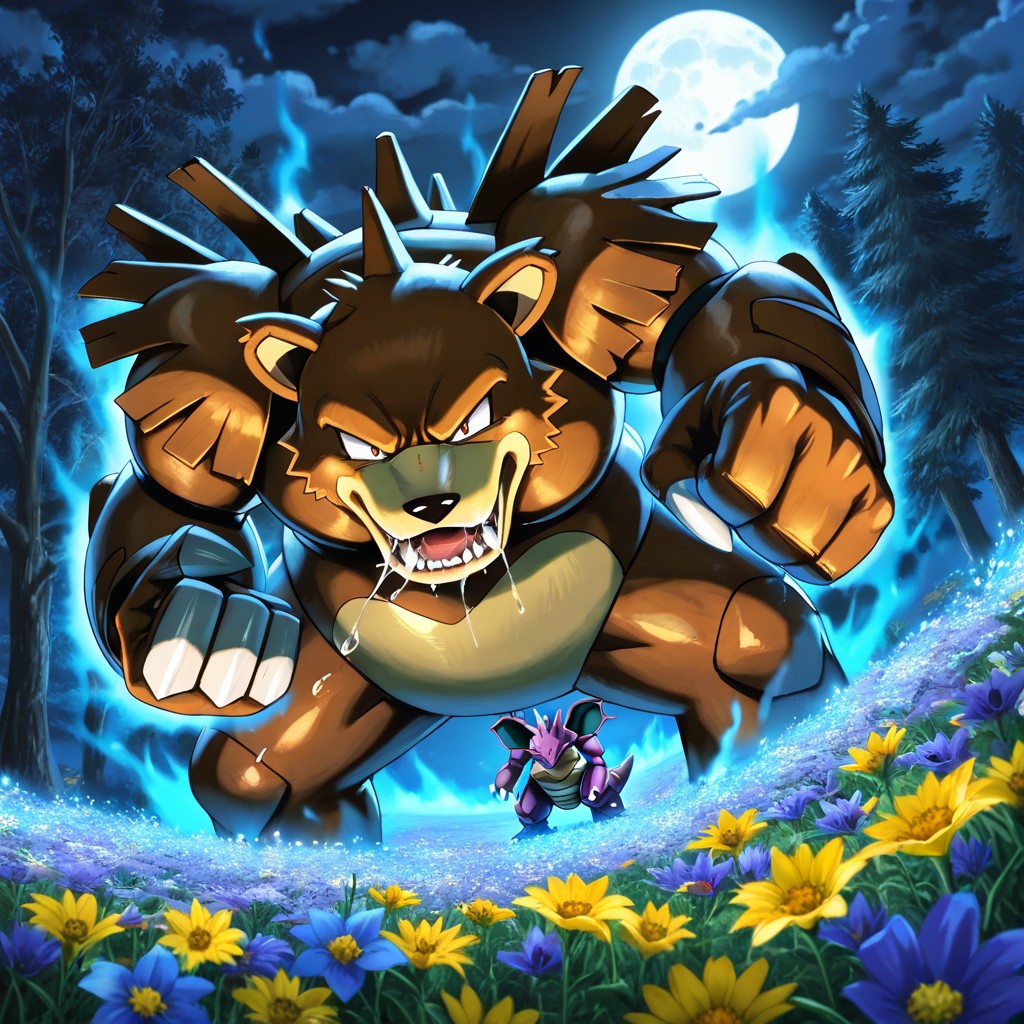 Gnarled Trunk, Saliva Flying From Ursaring's Mouth, Primer Plano Hentai IA