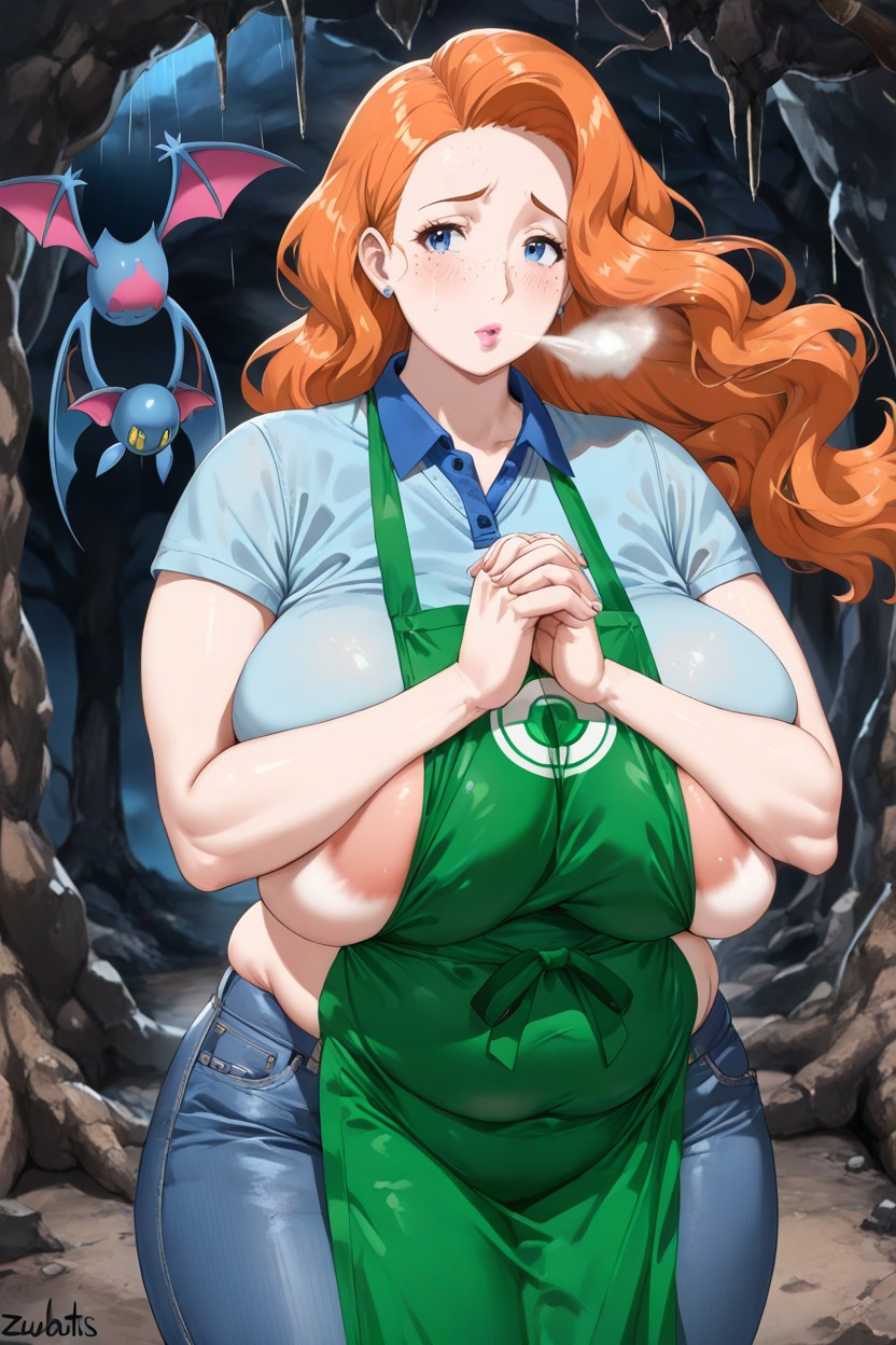 Hands Clasped To Chest, Orange Hair, Woman's Breath Visible In Cold Air Hentai AI Porn