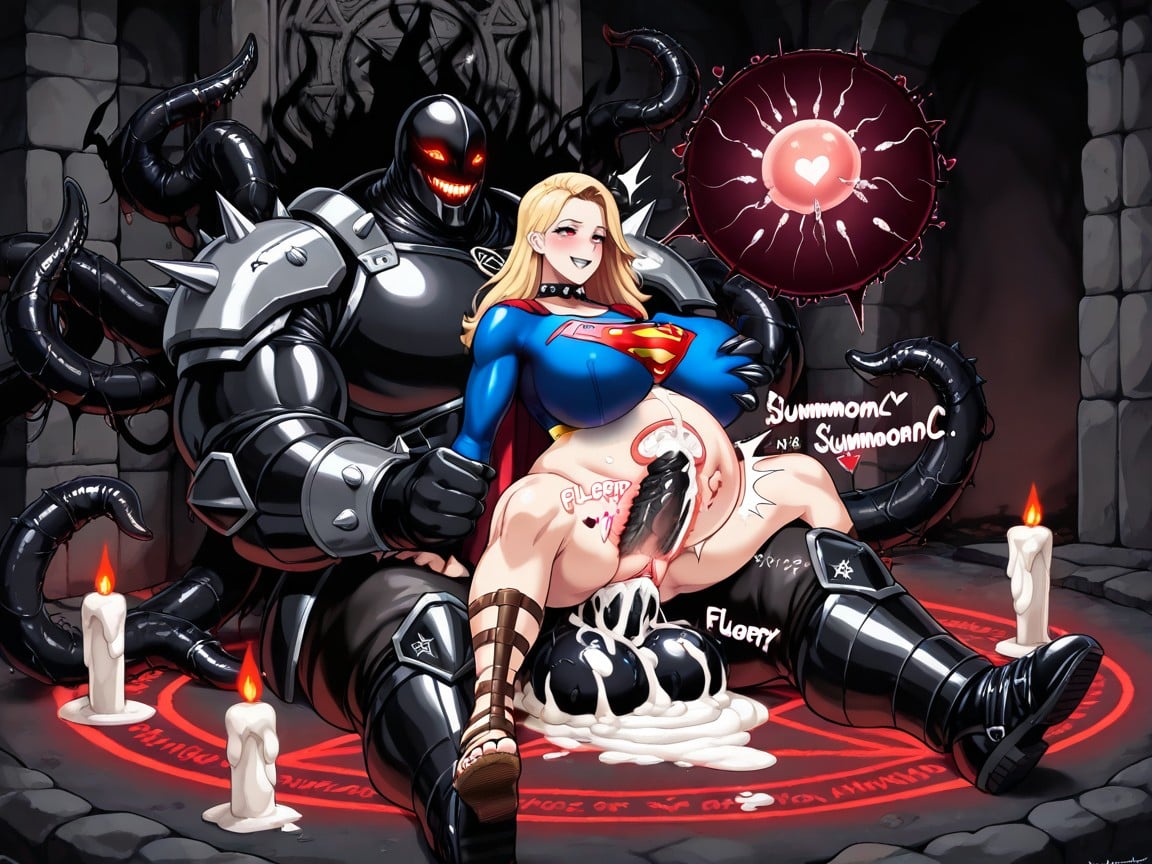 Metal Armor Evil Womanorc Warrior On Female, Reverse Cowgirl, Girthy Black Barbed Spiked Tentacles Hentai AI Porn