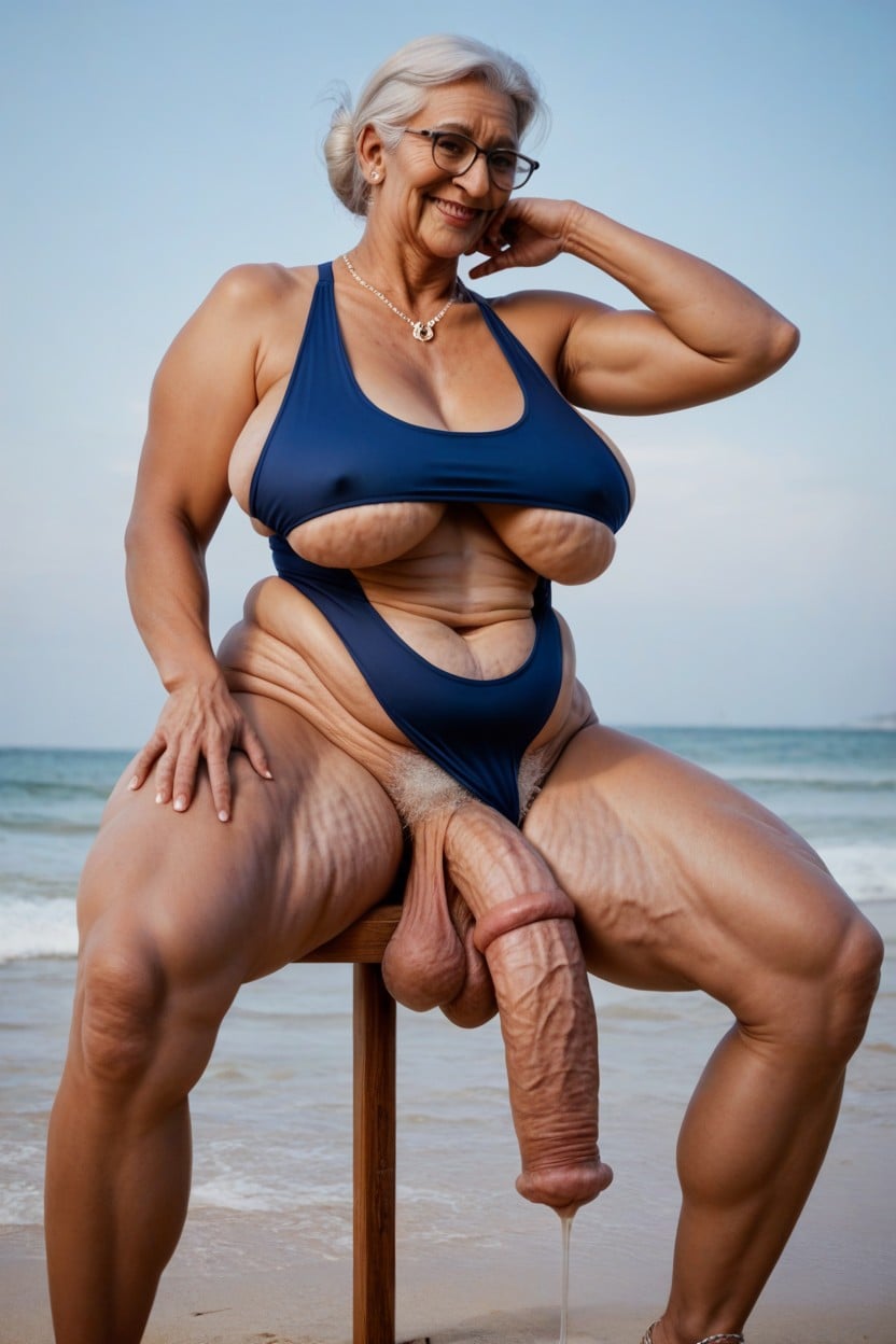 One-piece Swimsuit, Wrinkles Ass, Sagging Cleavage Shemale AI Porn