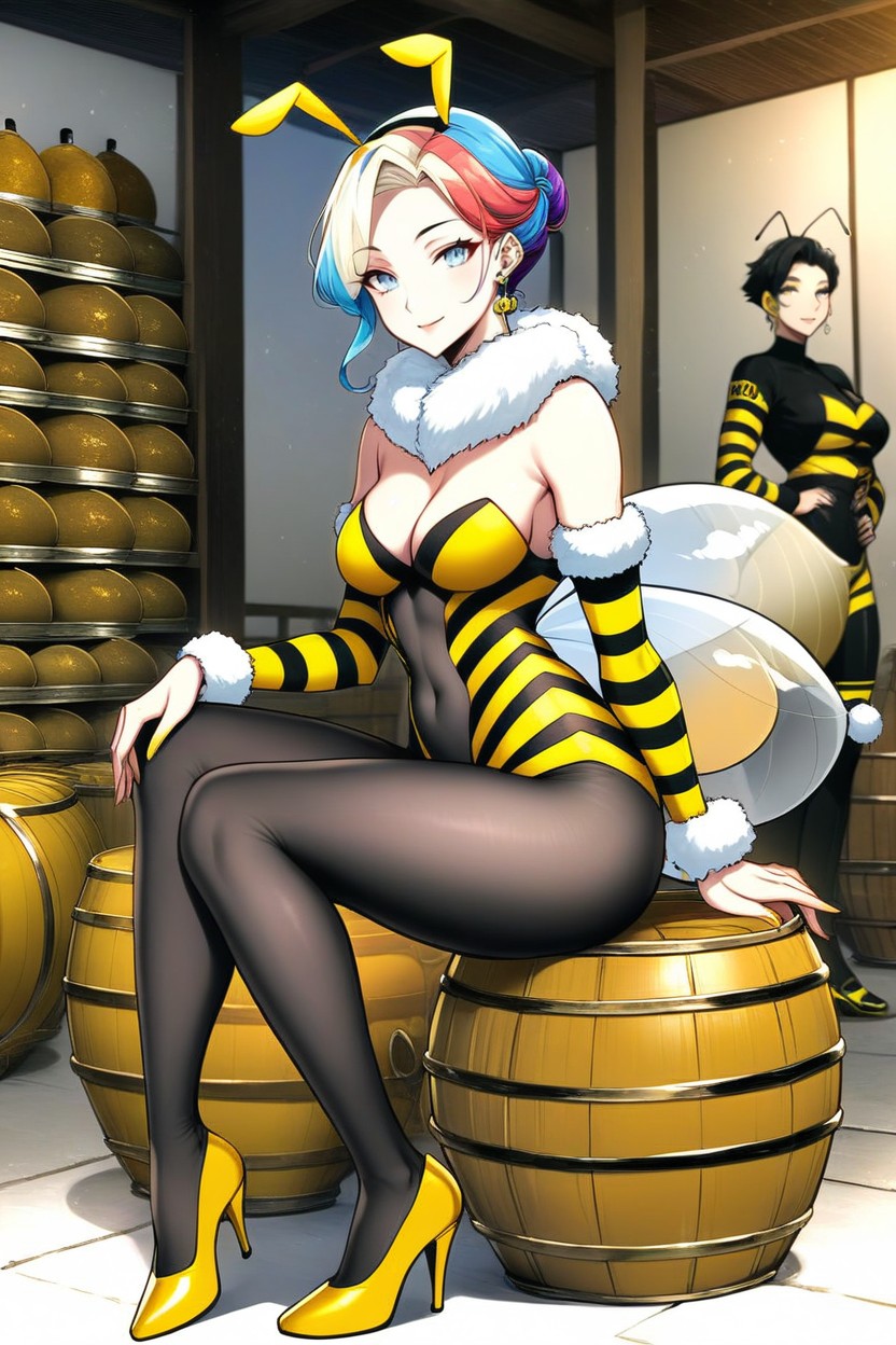 Breasts Covered, 1 Person, Woman Wearing Fluffy Black And Yellow Striped Sleeves AI Porn