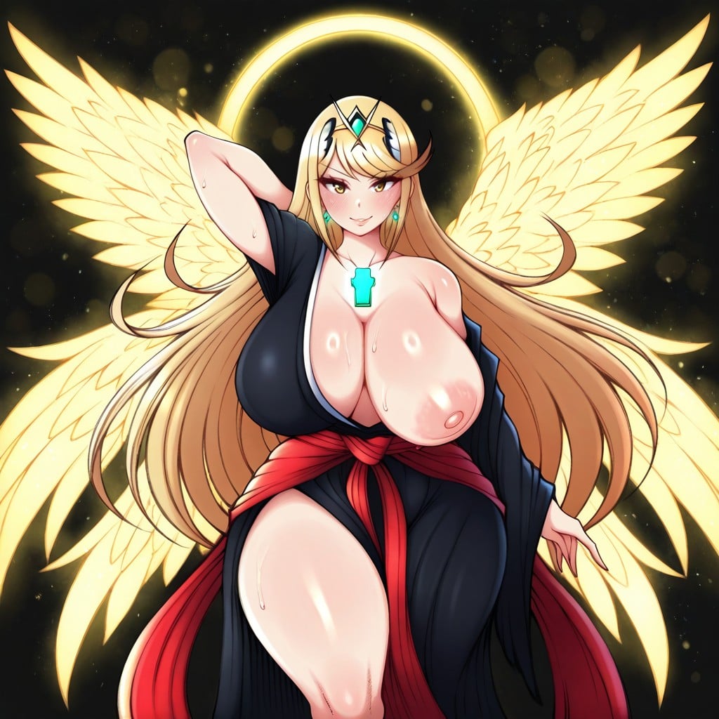 Gold Blonde Hair, Elegant And Presence, Black And White Fabric Covering One Breast Hentai AI Porn