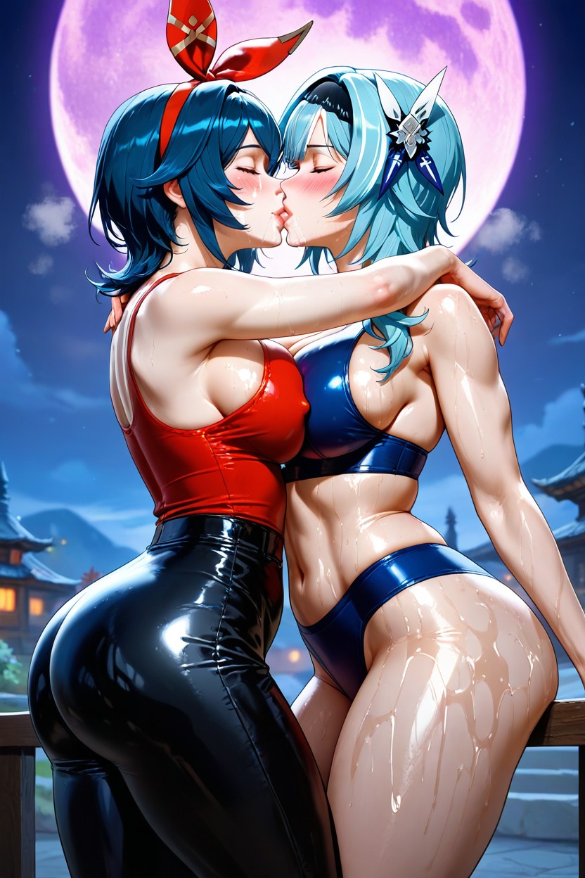 Lesbian Kissing, Oiled Skin Women, Curvy Body Hentai AI Porn