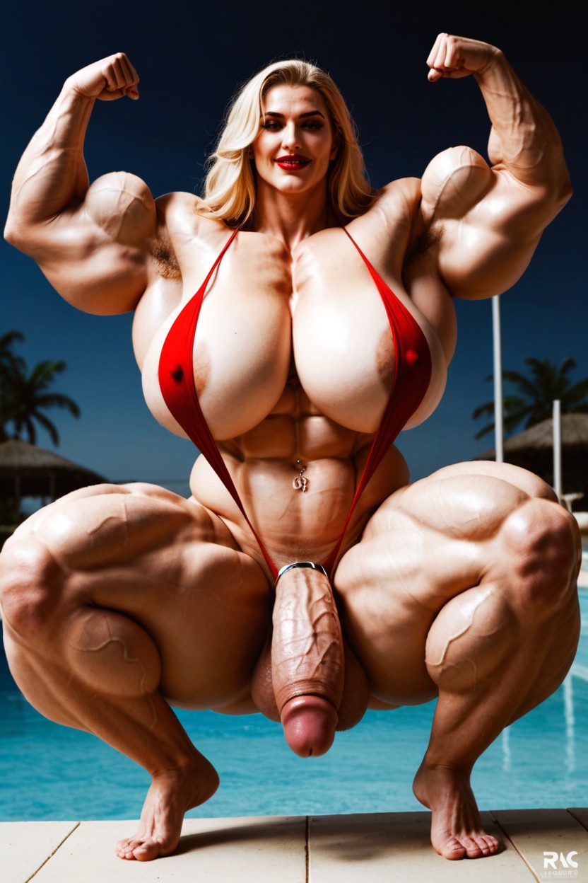 Unrealisticly Big Muscles, View From Below, Big Nipple Piercing Shemale AI Porn