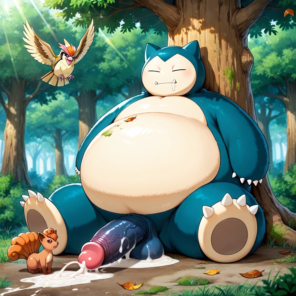 Enormous Size Comparison, Moss Growing On Snorlax's Side, Vulpix Stands Next To Puddle Hentai AI Porn