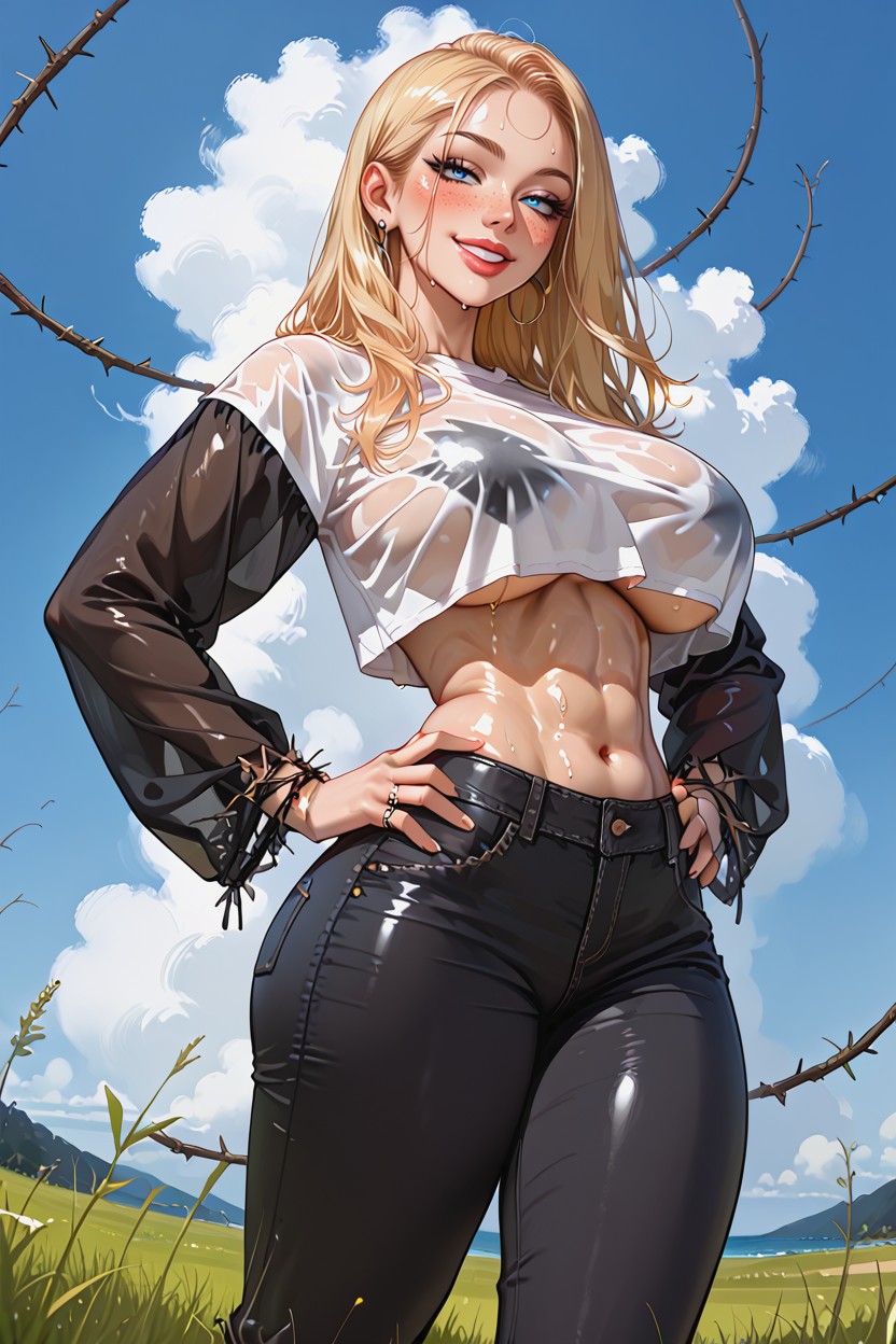 High Lether Boots, Oiled, Hands On Hips AI Porn