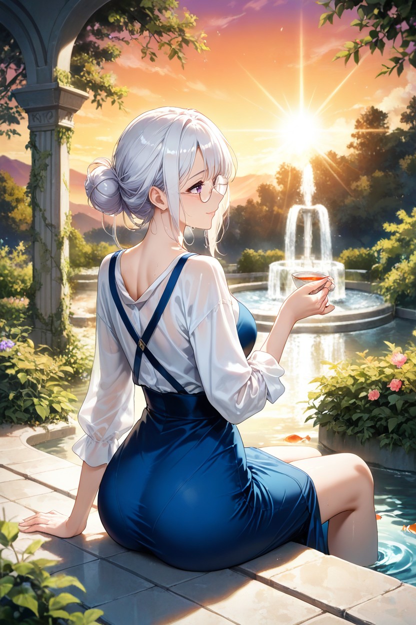 Sunny, Wearing A Light Blue Cloth Dress That Goes To Her Mid-shin, Light Skin Hentai AI Porn