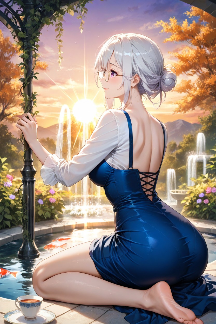 Light Skin, Wearing A Light Blue Cloth Dress That Goes To Her Mid-shin, Wearing A White Button Shirt Under Her Dress Hentai AI Porn