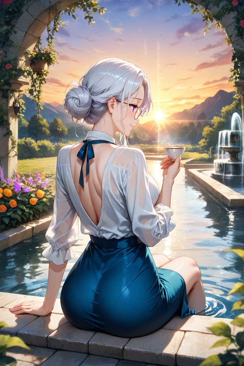 The Garden Has Trees And Fountains, Sun Rays, Her Other Hand Tucks Hair Behind Her Ears Hentai AI Porn