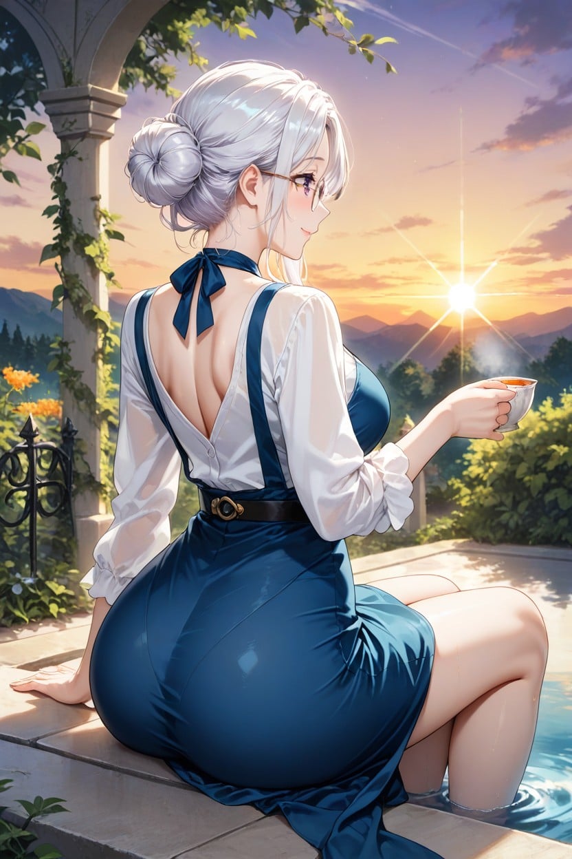 She Is Barefoot, Long White Hair In A Messy Bun, Medium Ass Hentai AI Porn