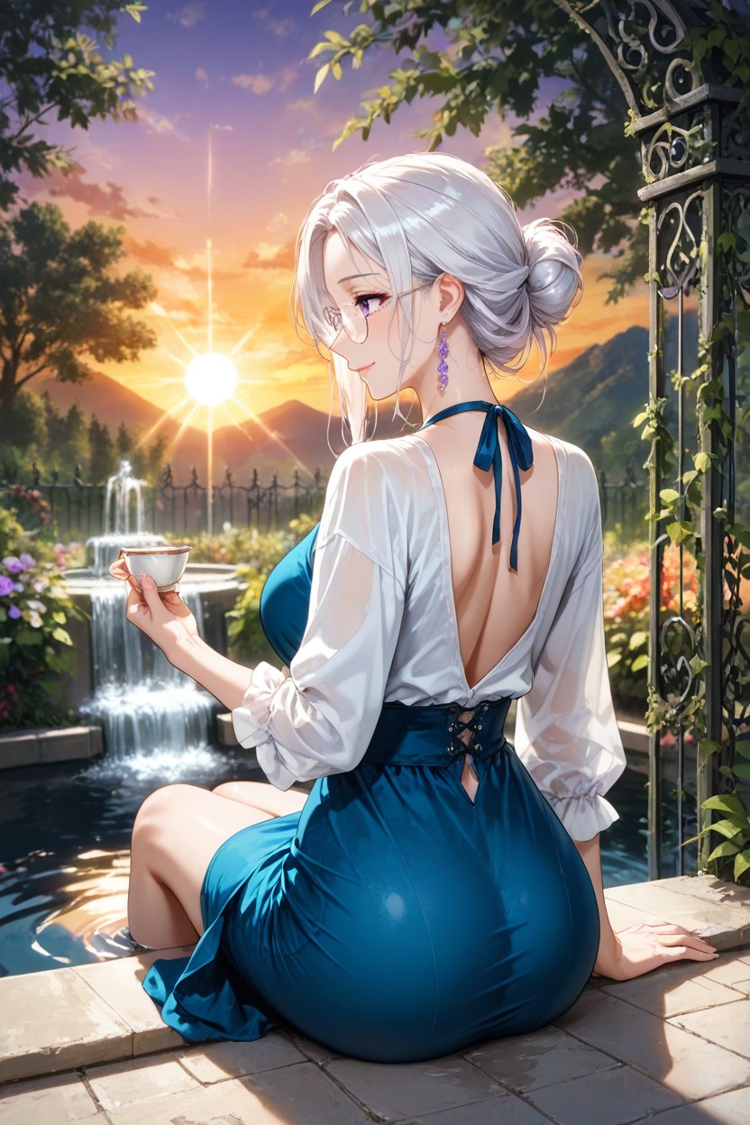 An Empty Tea Cup Is Next To Her On The Edge Of The Pool, Sunny, She Is Sticking Her Hand Into The Water Hentai AI Porn
