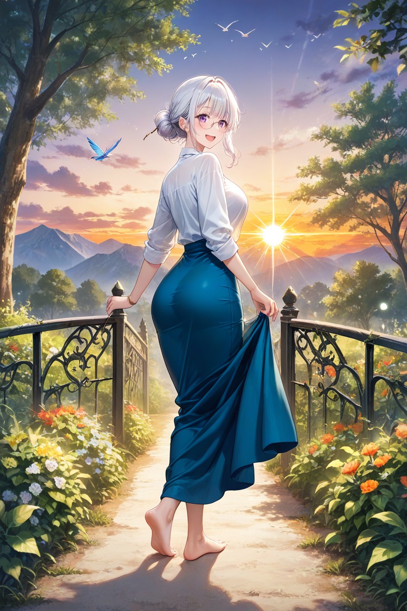 She Is Barefoot, Waterfalls And Mountains In The Distance, Sun Rays Hentai AI Porn