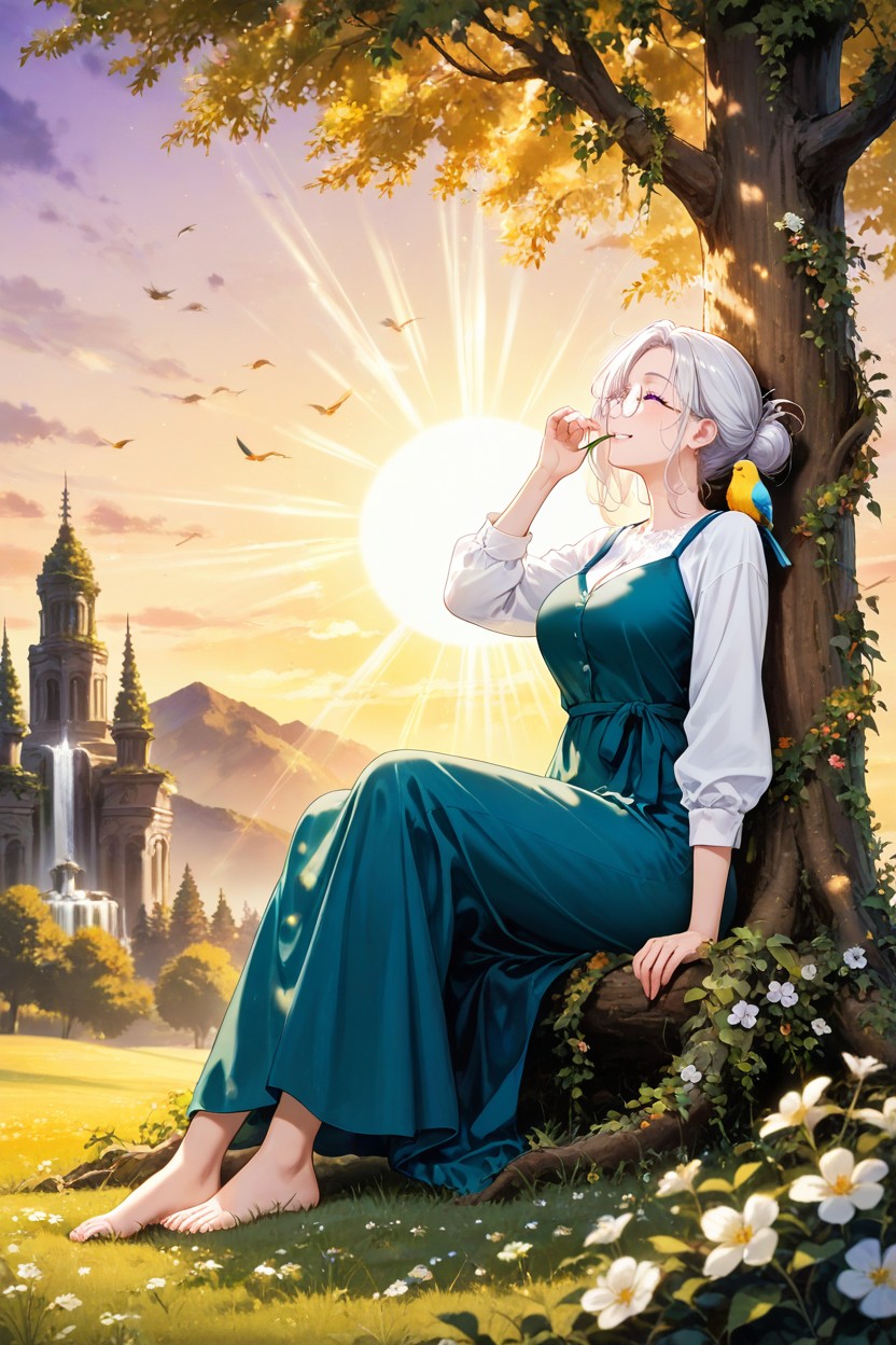 Surprised Laugh And Big Smile, Wearing A White Button Shirt Under Her Dress, Brown And White Bird Hentai AI Porn
