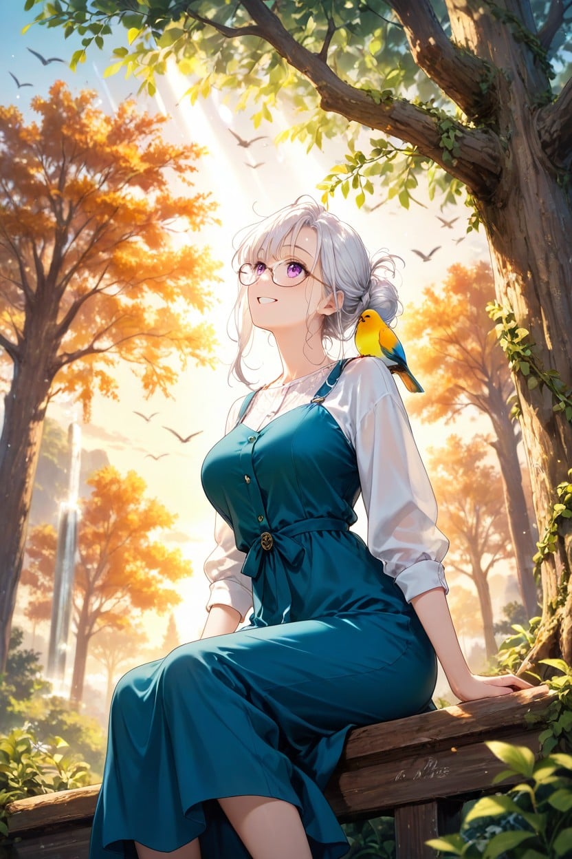 Medium Breasts, She Is Standing Next To An Ancient And Tall Tree That Has Wooden Decorations On It, Light Skin Hentai AI Porn