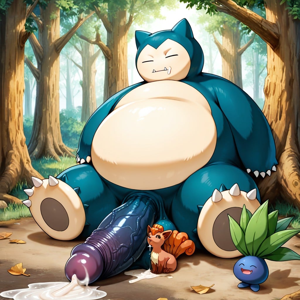 Giant Snorlax In Forest, Cock Lies On The Ground, Oddish Sits Next To Snorlax Hentai AI Porn