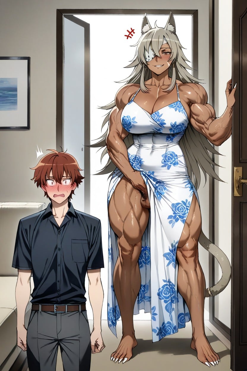 Dark Brown Skin, Wearing A Floral Dress, Doorway Hentai AI Porn