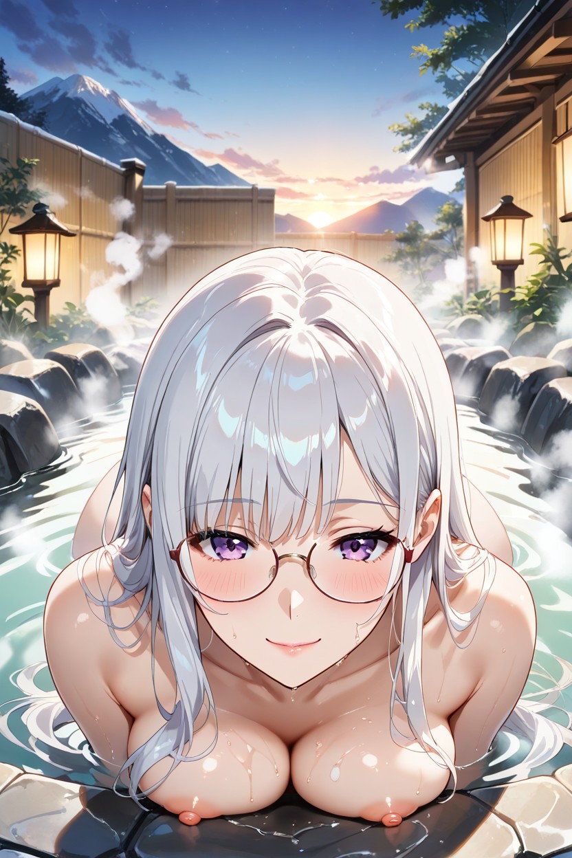 Lavish Garden With Wrought Iron Gates, Very Large Hot Spring, Front View Hentai AI Porn