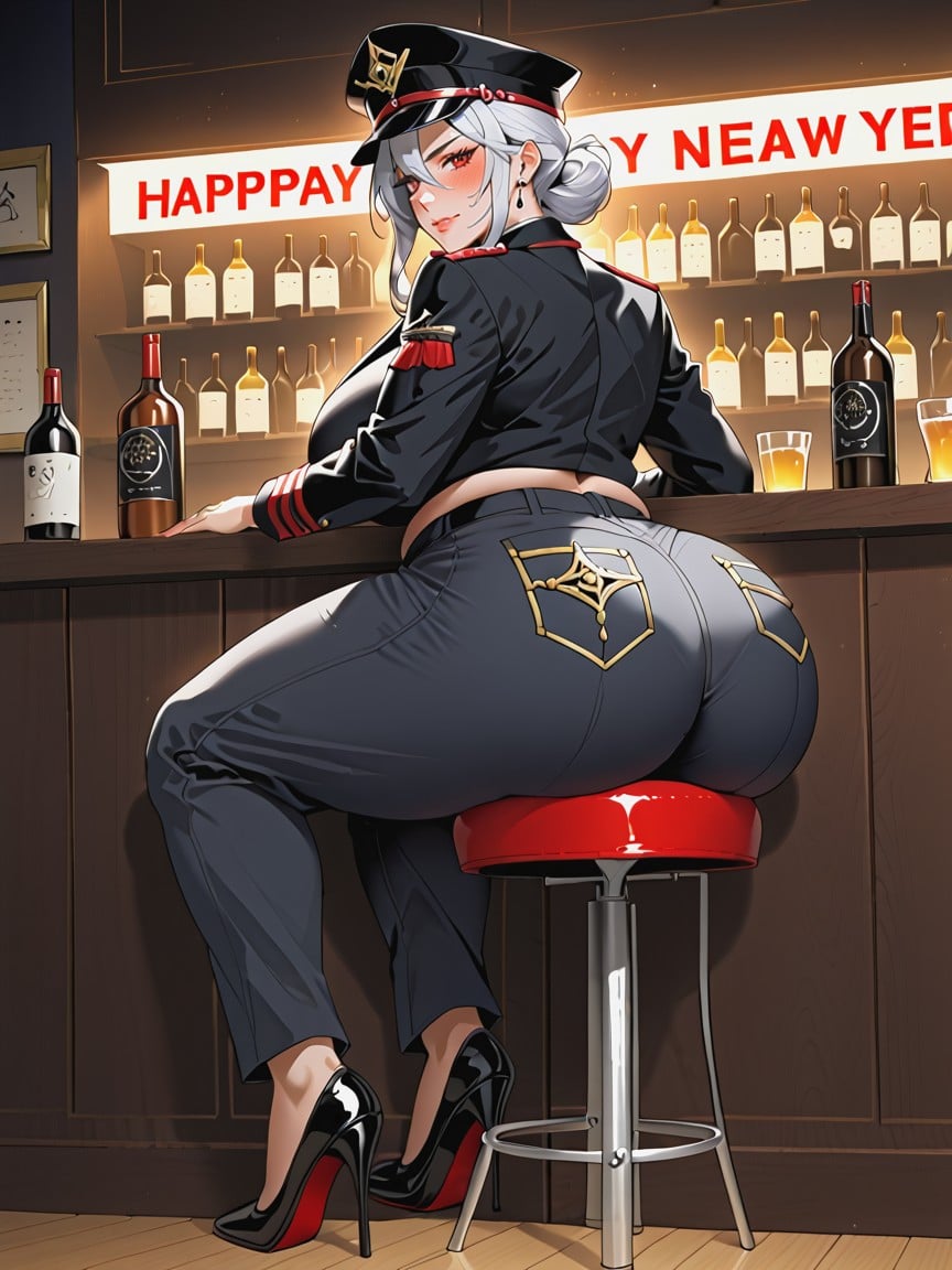 Big Tits, Sitting On Bar Stool, Bare Back Hentai IA